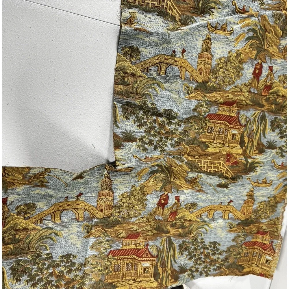 Chinoiserie Asian Scenic Woven Upholstery Fabric Remnant Lot 55